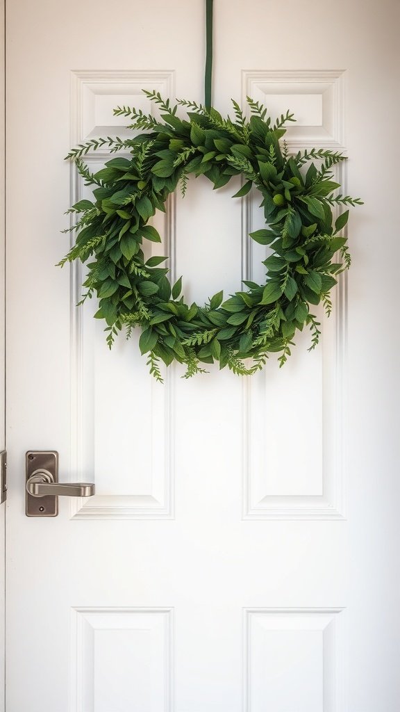 A minimalist wreath made of various green leaves hanging on a white door.