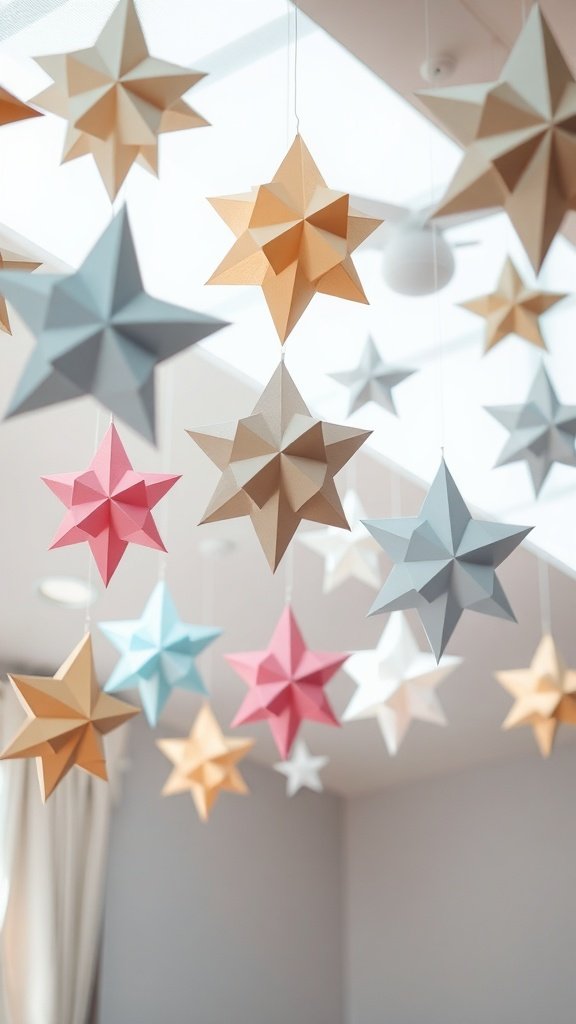 Colorful geometric paper stars hanging from the ceiling