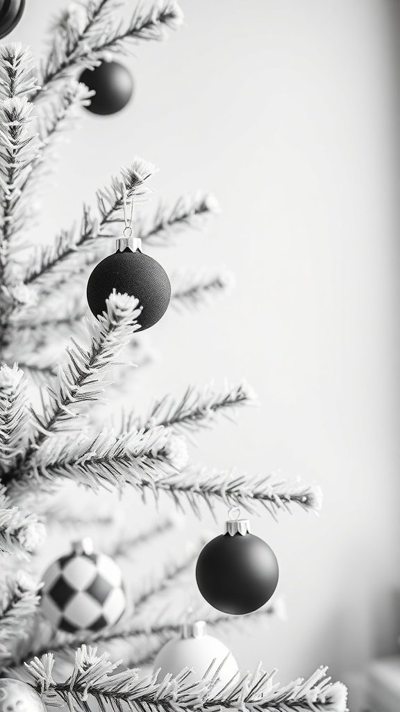 A close-up of a Christmas tree with monochrome ornaments in black, white, and silver.