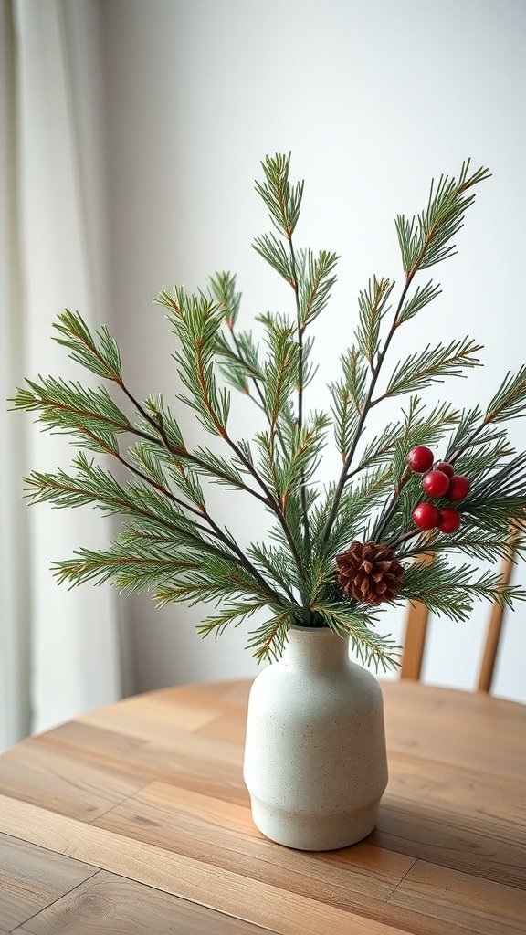 A vase with pine and cedar branches, decorated with red berries and a pine cone.