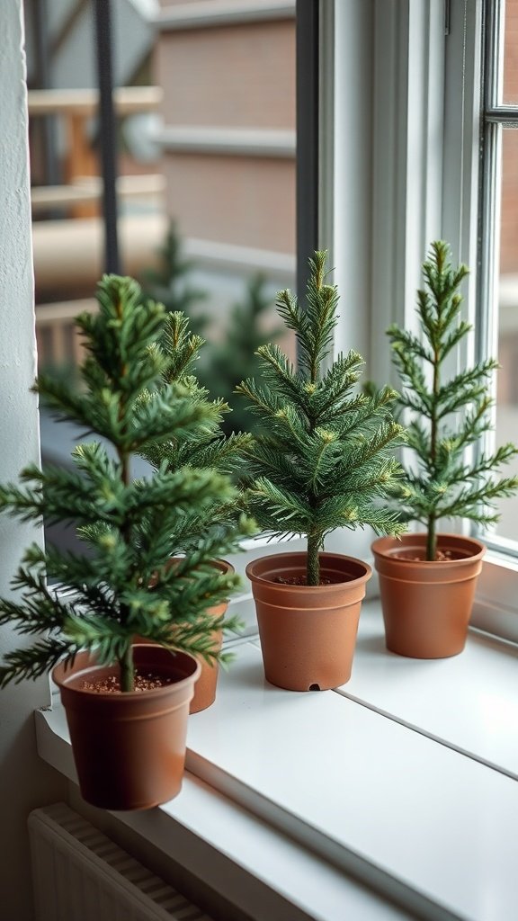 Small potted evergreen trees on a windowsill