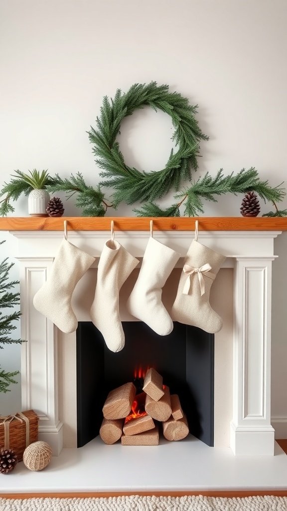 A minimalist mantel decorated with simple stockings, a wreath, and pinecones.