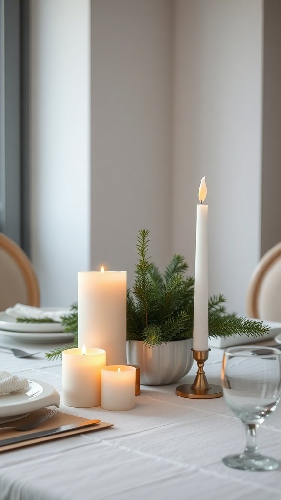 A simple table centerpiece featuring white candles and a small evergreen arrangement.