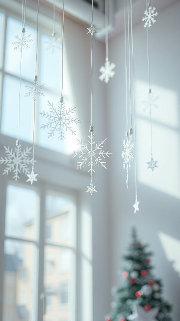 Hanging paper snowflakes in a bright room with a Christmas tree in the background.