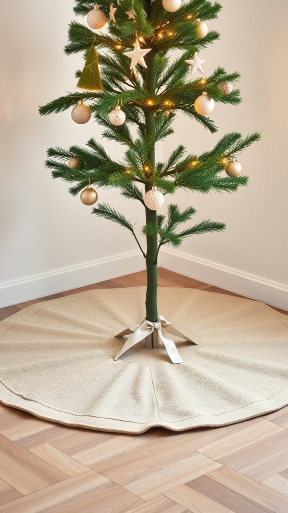 A minimalist tree skirt under a decorated Christmas tree.