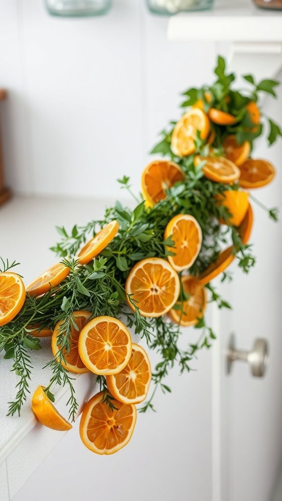 A garland made of dried citrus slices and green herbs, hanging on a white surface.