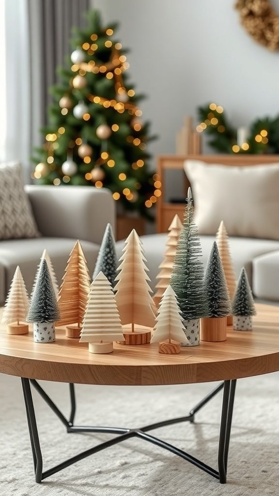 A collection of wooden Christmas trees displayed on a coffee table with a decorated Christmas tree in the background.