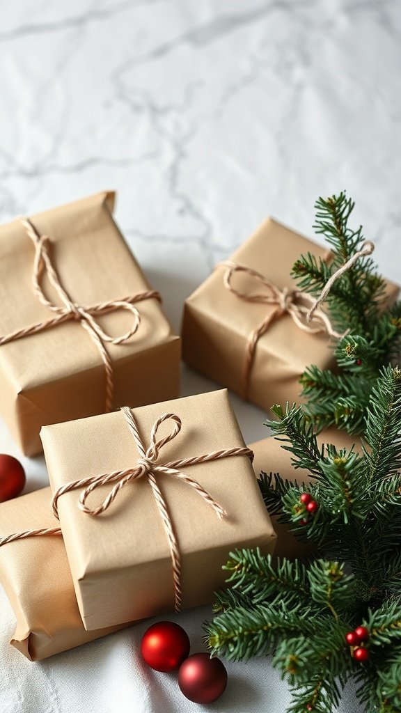 Minimalist gift wrapping with brown paper, twine, and evergreen sprigs.