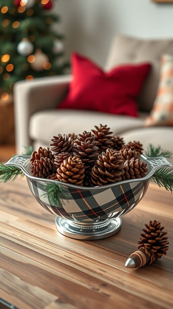 A bowl filled with scented pinecones on a wooden table, with a Christmas tree in the background.