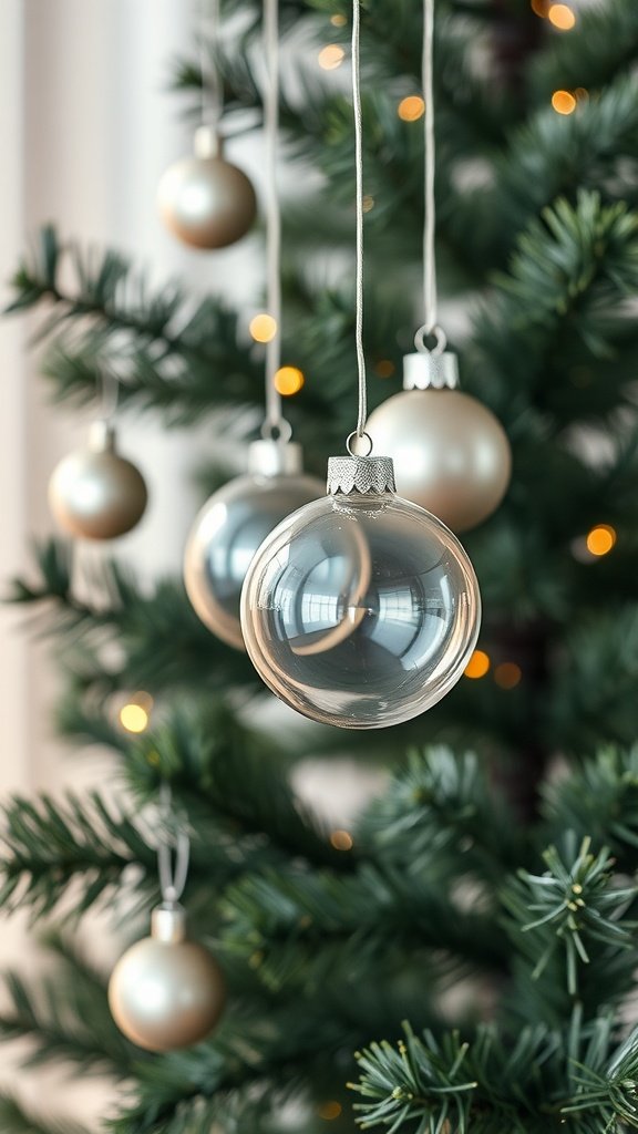 Simple glass baubles hanging on a Christmas tree.