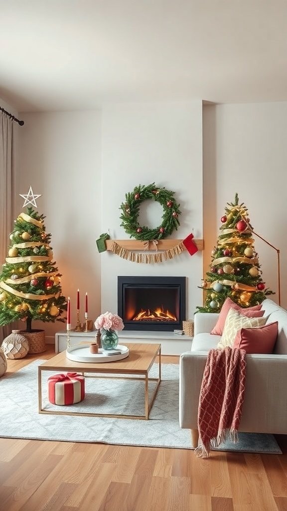 A cozy living room decorated for Christmas with two trees, a wreath, and candles.