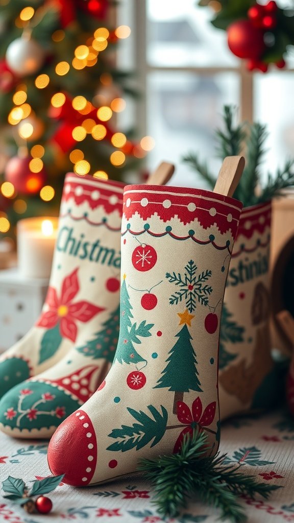 Colorful painted wooden Christmas stockings with festive designs