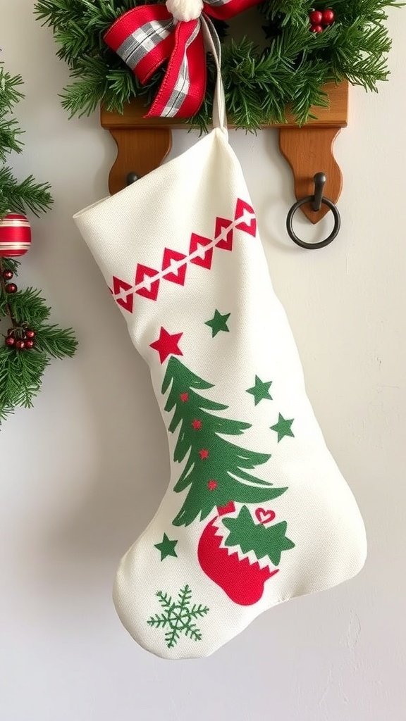 A stenciled canvas Christmas stocking with red designs on a white background.