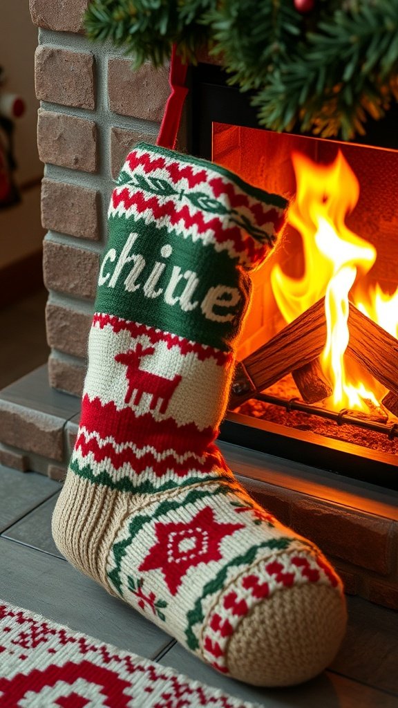 A knitted Christmas stocking with a personalized name, hanging by a fireplace.