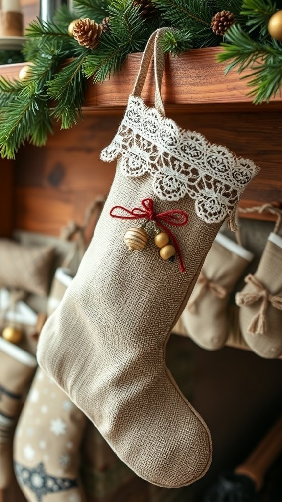 A rustic burlap Christmas stocking with lace trim, hanging on a mantel decorated with pine branches and ornaments.