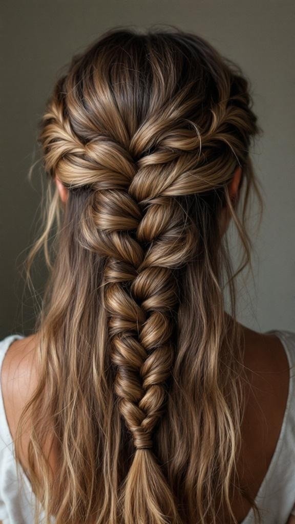 A close-up of a bubble braid hairstyle on long hair.