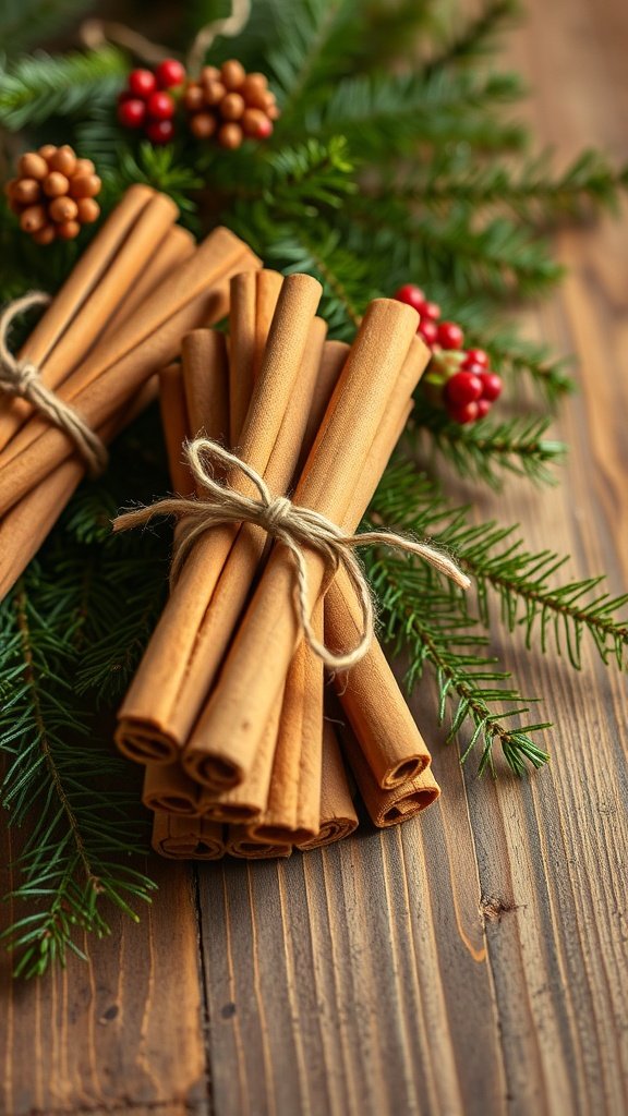 A bundle of cinnamon sticks tied with twine, surrounded by evergreen branches and red berries.
