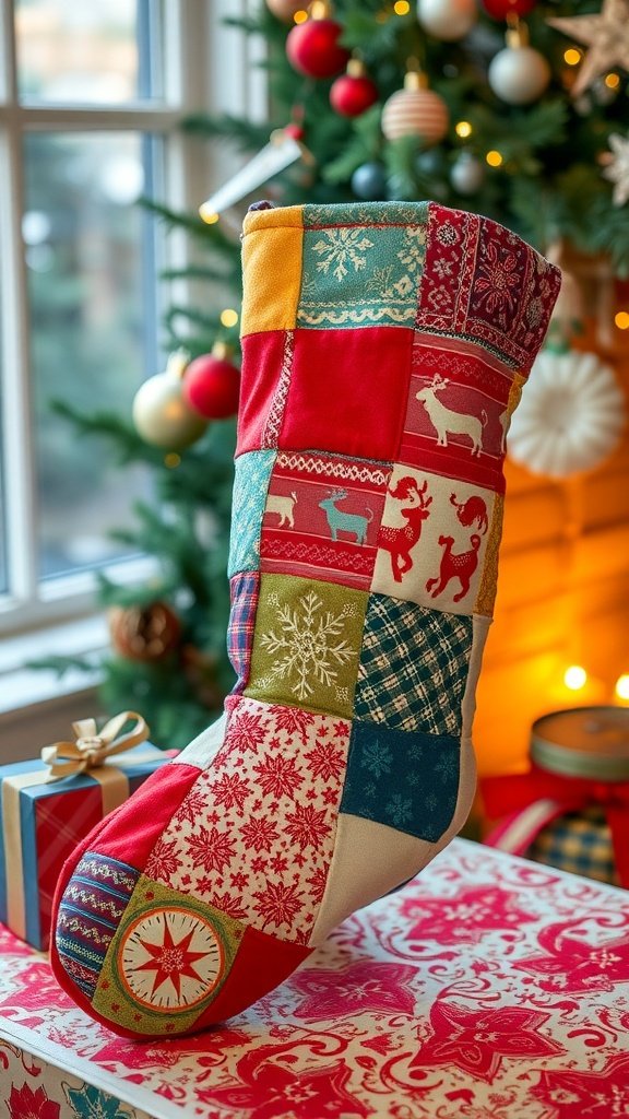 A colorful patchwork fabric Christmas stocking with various festive patterns.