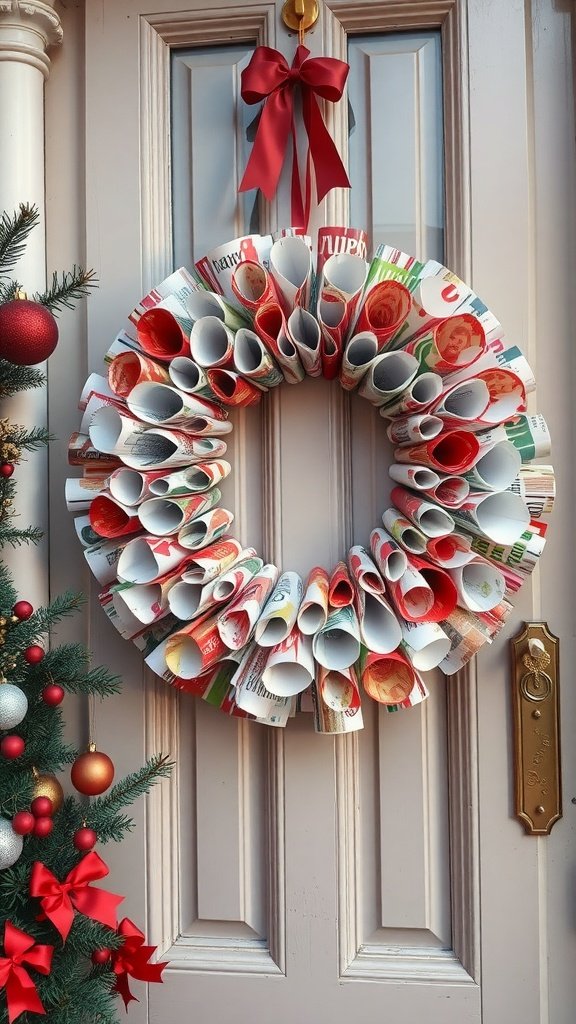 A DIY wreath made from rolled old magazines, decorated with a red bow, hanging on a door.