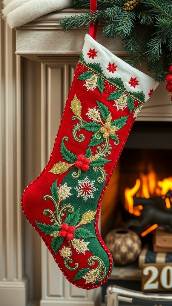A beautifully embroidered red felt Christmas stocking with festive designs, hanging by a fireplace.