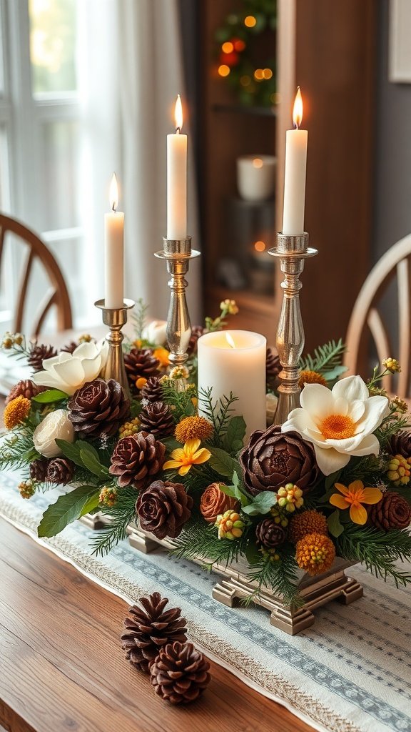 A beautiful holiday centerpiece featuring candles, pinecones, and flowers.