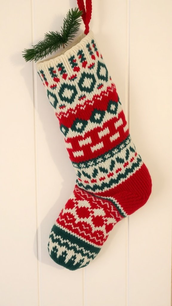 A colorful knitted Christmas stocking hanging with a green sprig on top.