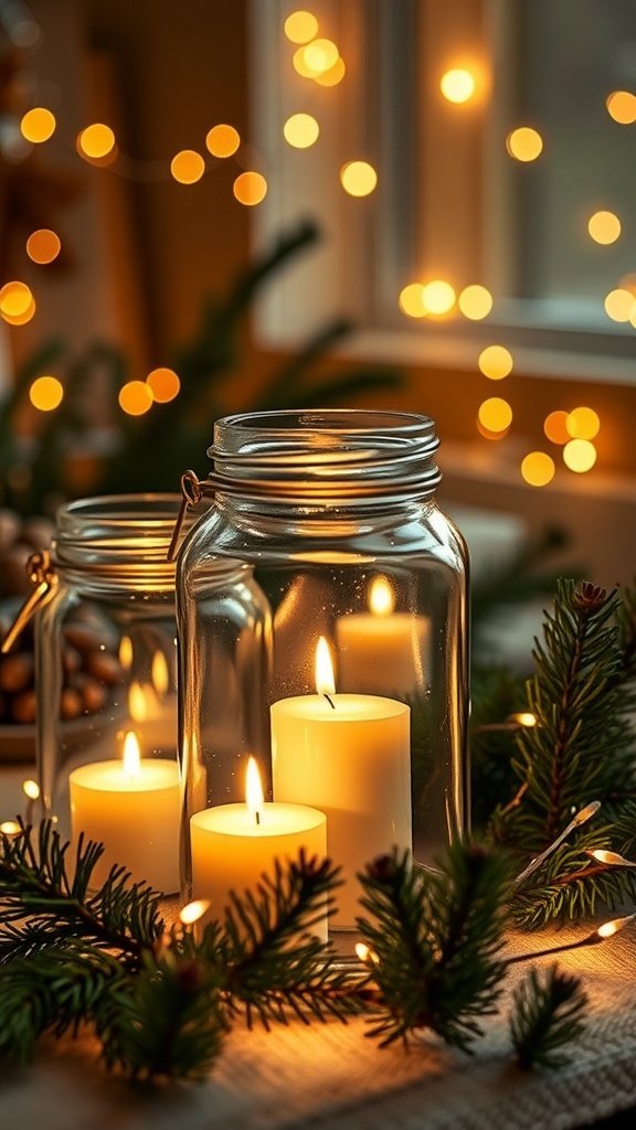 Glass jar lanterns with candles surrounded by greenery and warm lights.