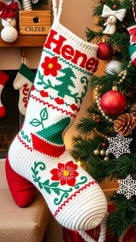 A beautifully crocheted Christmas stocking featuring holiday motifs like flowers and trees, hanging by a fireplace.