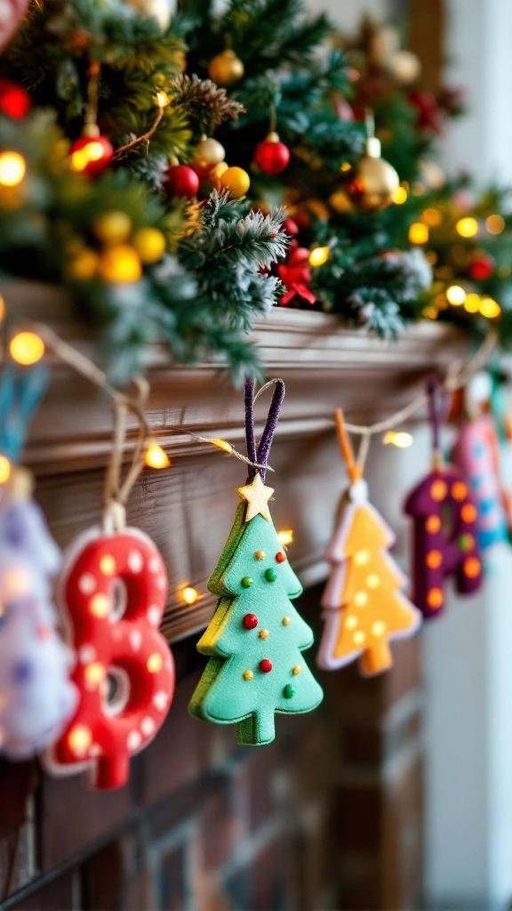 A festive felt Christmas tree banner with red and green decorations.