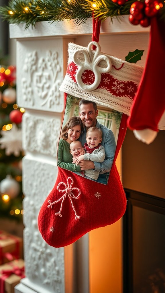 A red Christmas stocking with a family photo hanging by a fireplace.