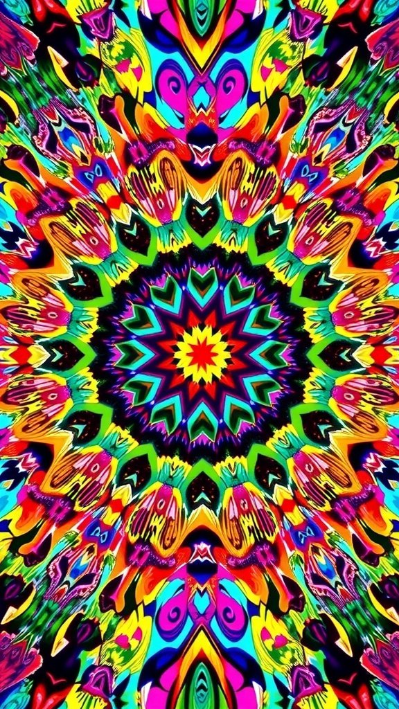 A colorful abstract kaleidoscope pattern with vibrant shapes and designs.