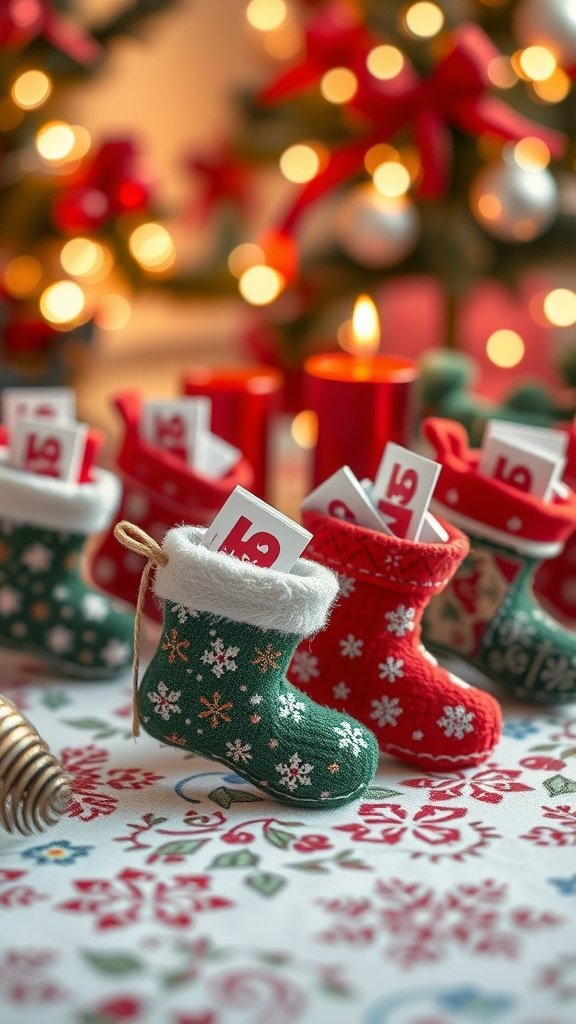 A collection of miniature Christmas stockings with gift cards peeking out, set against a festive background.
