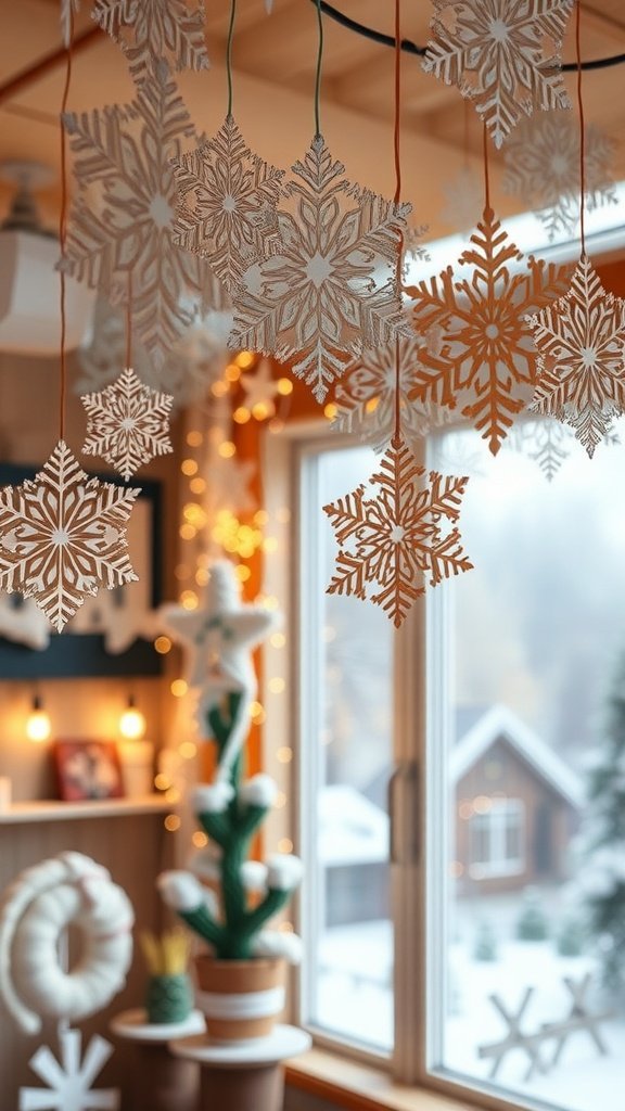 Hanging paper snowflakes in a cozy room with a snowy view outside
