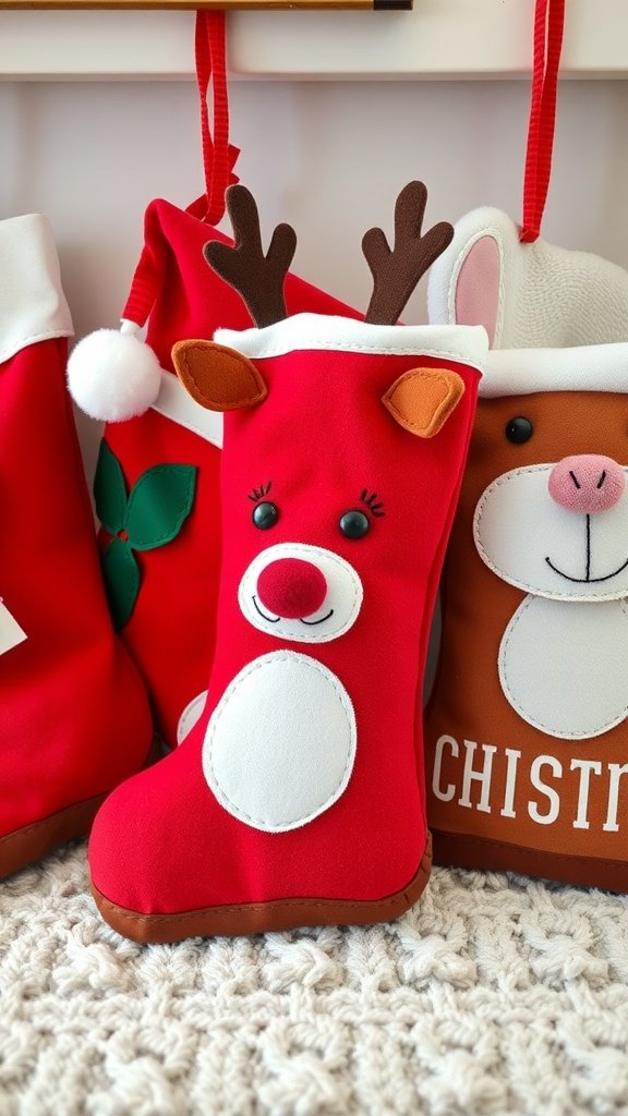 Colorful sewn felt animal Christmas stockings featuring a reindeer and a bunny.