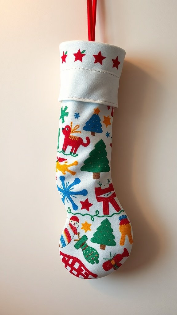 A colorful Christmas stocking decorated with festive drawings and patterns.