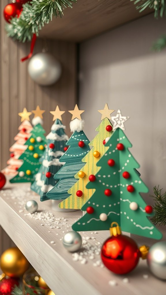 Colorful recycled cardboard Christmas trees decorated with ornaments and stars.