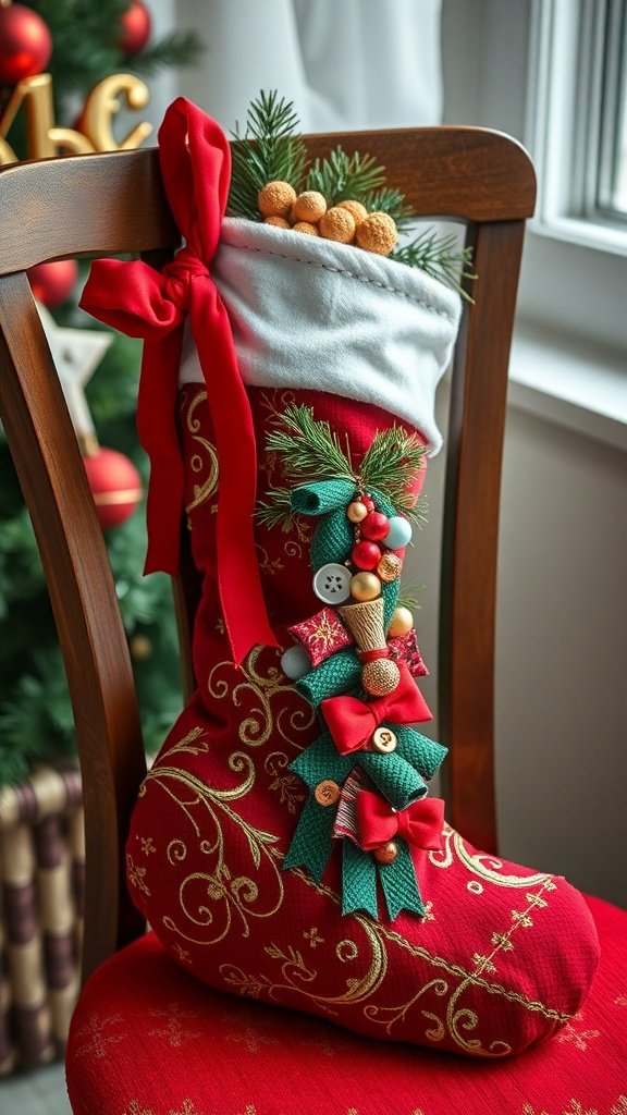 A beautifully embellished Christmas stocking featuring ribbons, buttons, and greenery.