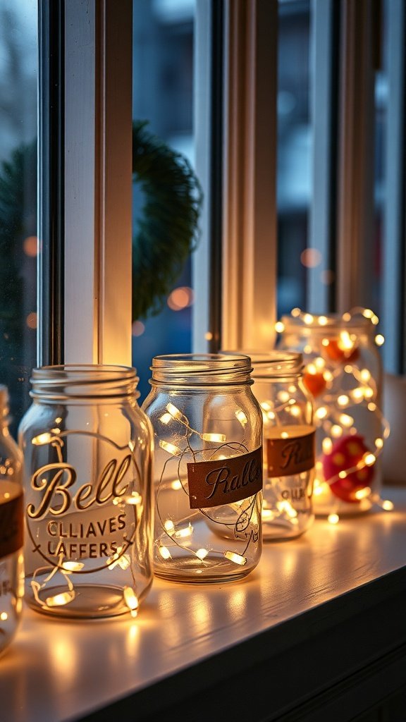 Mason jars filled with fairy lights on a windowsill.