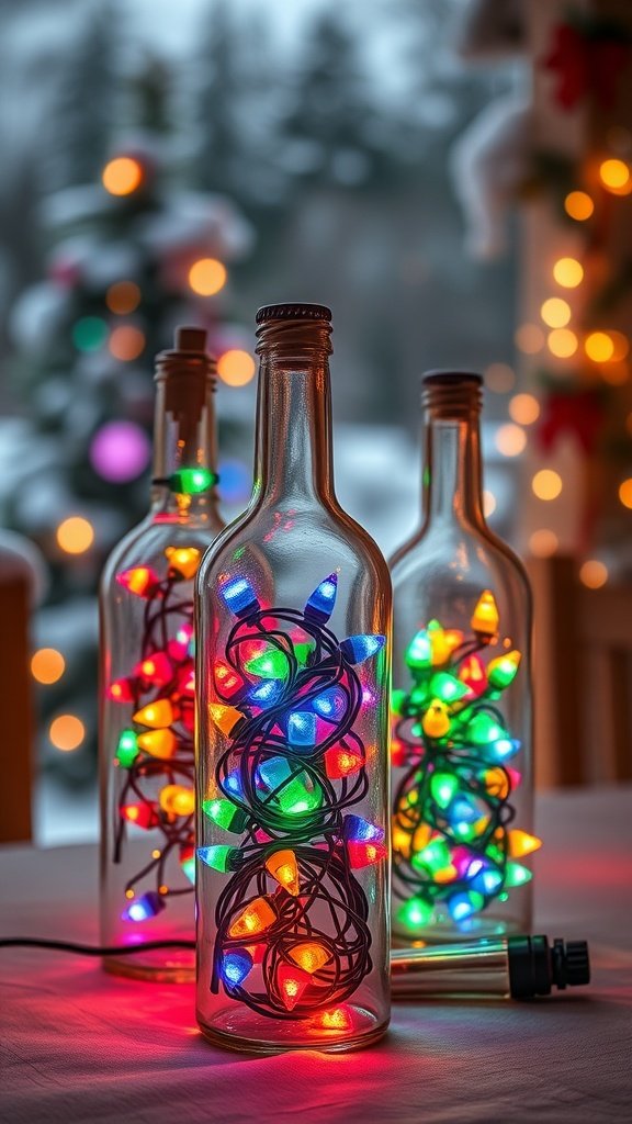 Colorful Christmas lights inside glass bottles, creating a festive decoration.