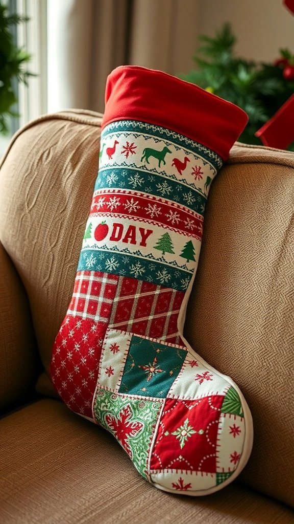 A colorful quilted Christmas stocking with festive patterns resting on a couch.