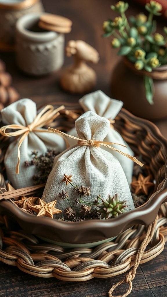 A collection of homemade scented sachets tied with twine, surrounded by spices and decorative elements.