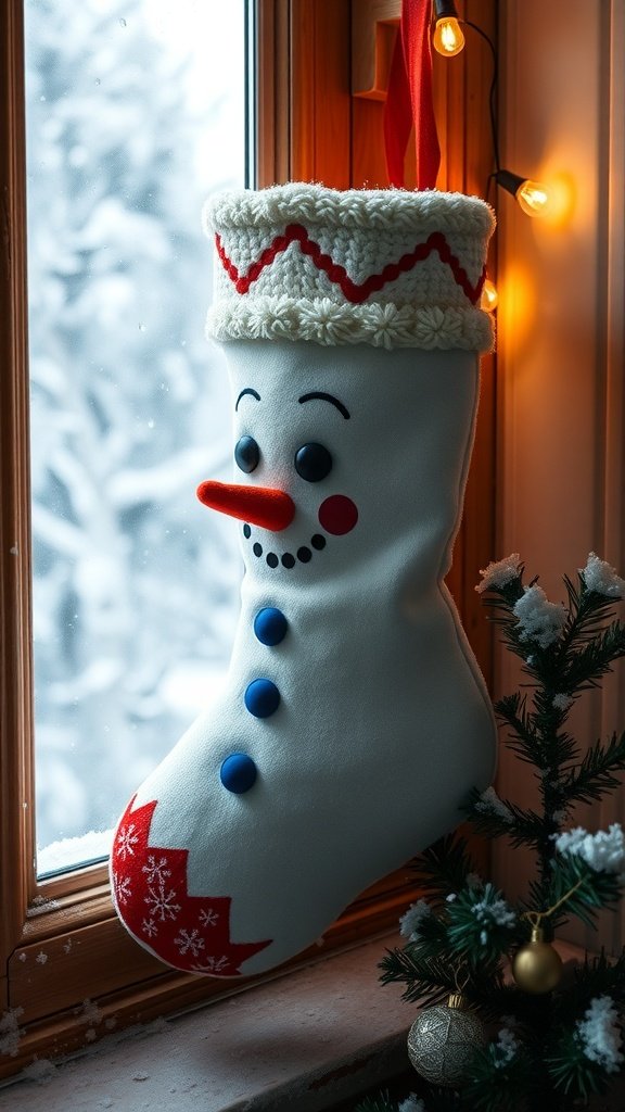 A snowman-themed Christmas stocking hanging by a window.