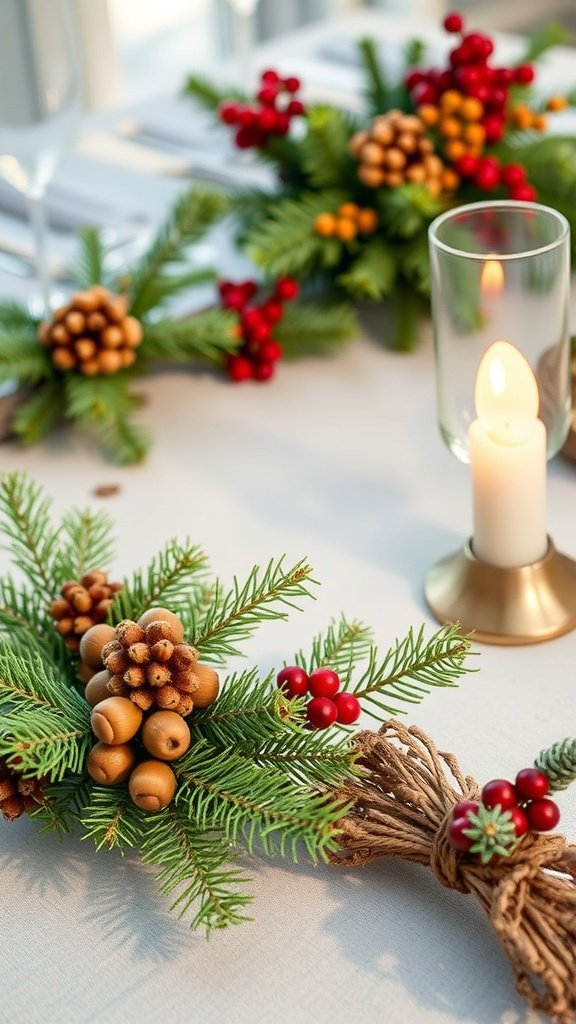 A festive table decor featuring pinecones, berries, and greenery with a candle.