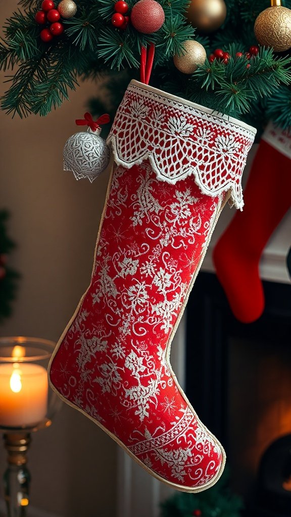 A red Christmas stocking with vintage lace overlay, hanging on a decorated tree.