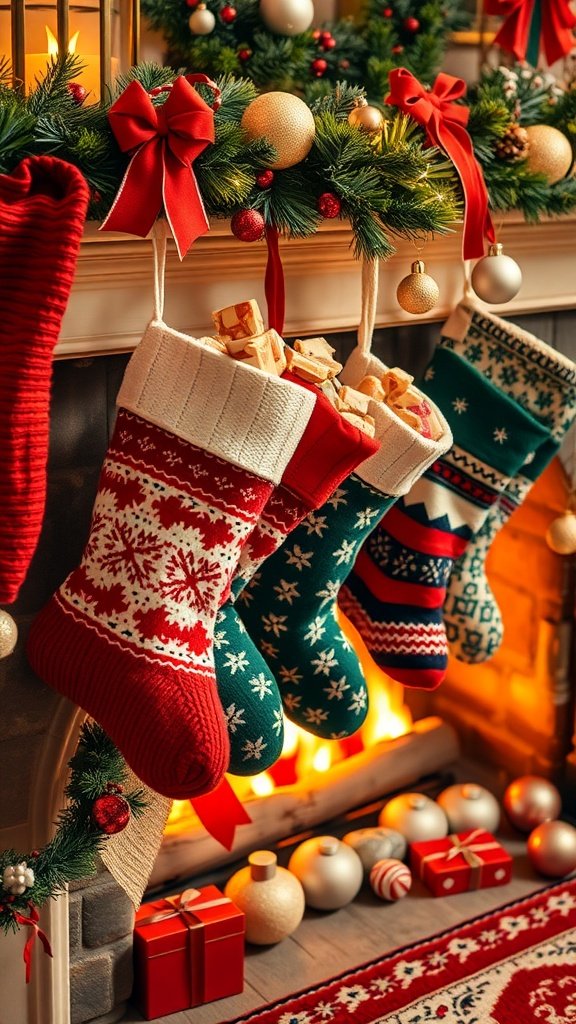 Colorful upcycled sweater stockings hanging by a fireplace, decorated for Christmas.