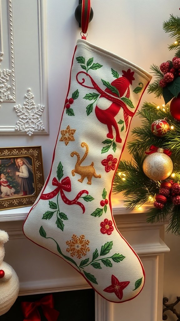 A beautifully hand-painted Christmas stocking featuring festive designs.