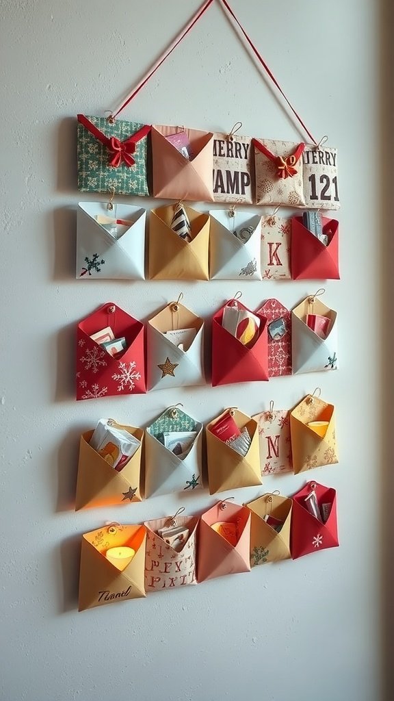 A colorful DIY advent calendar made from decorated envelopes, hanging on a wall.