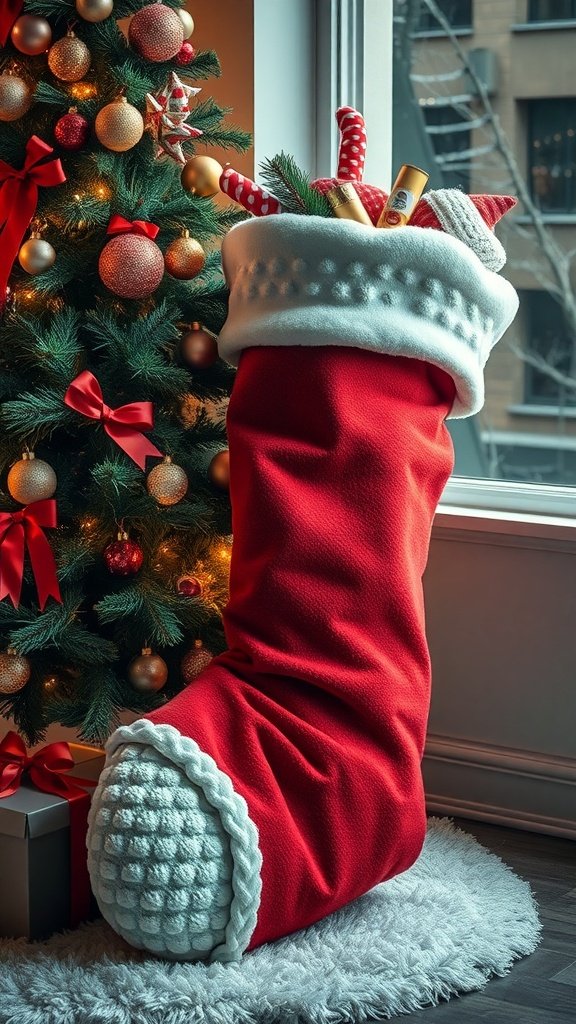A large red Christmas stocking filled with gifts, placed near a decorated Christmas tree.