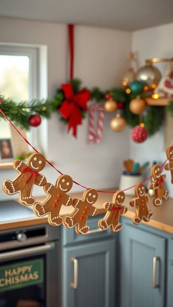 A festive gingerbread garland hanging in a cozy kitchen, decorated with Christmas ornaments.