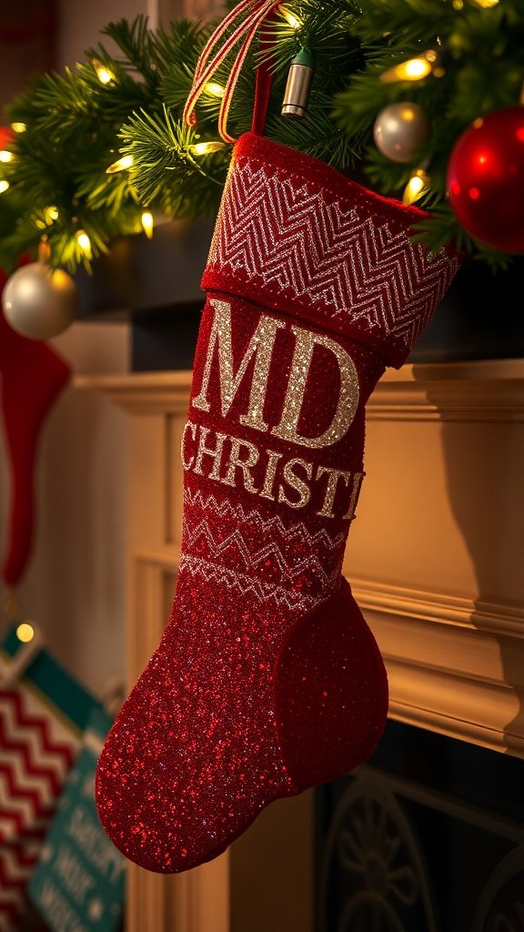 A bright red glitter Christmas stocking with the word 'CHRISTMAS' written in gold, hanging on a mantel decorated with greenery and ornaments.